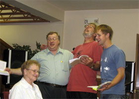 Daryl Johnson, Phil Green, Howard Scott and Brennan Krieger in rehearsal for The Dining Room
